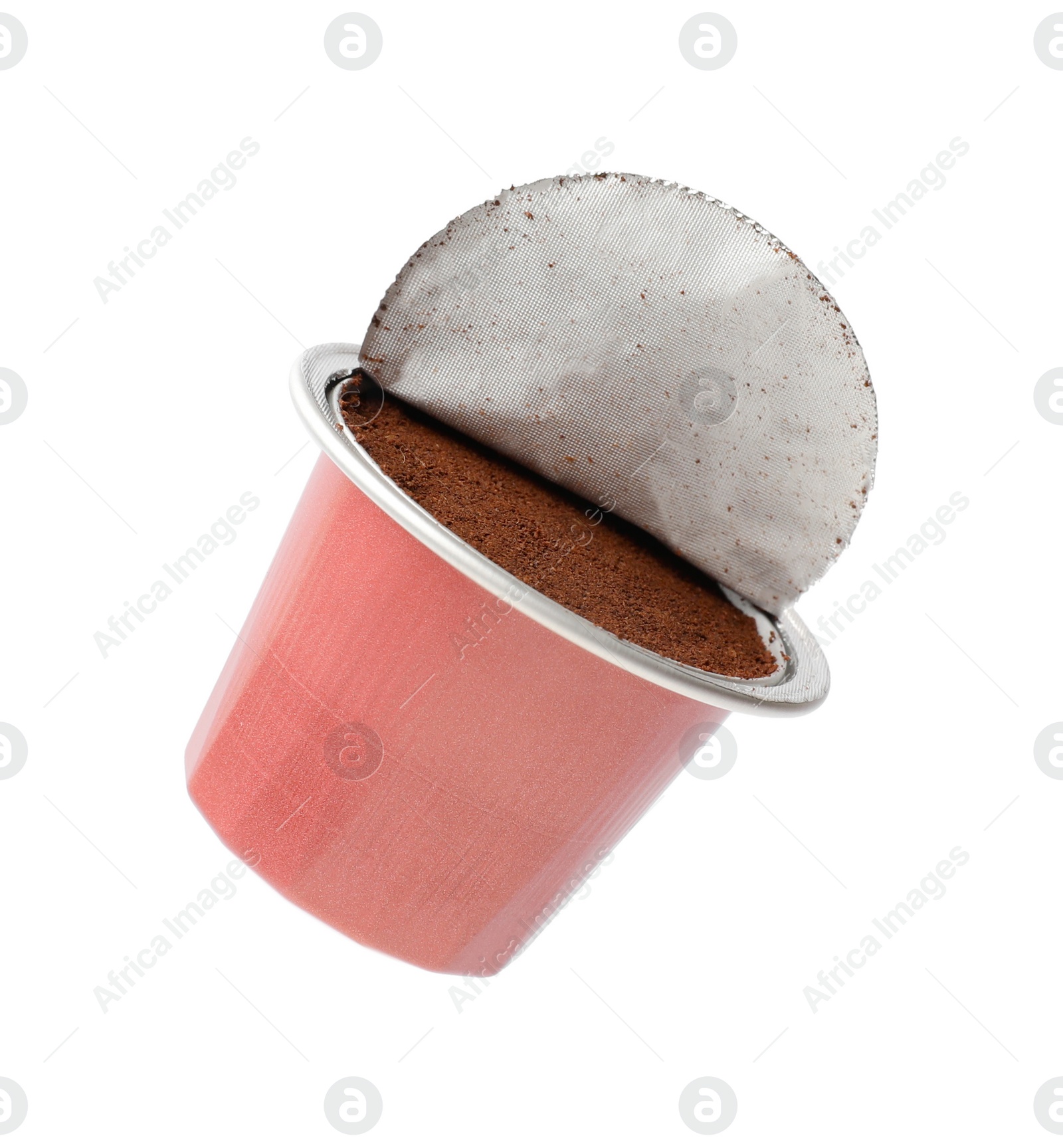 Photo of One open plastic coffee capsule isolated on white