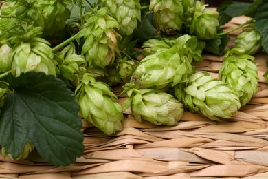 Photo of Fresh green hops and leaves on wicker mat, closeup