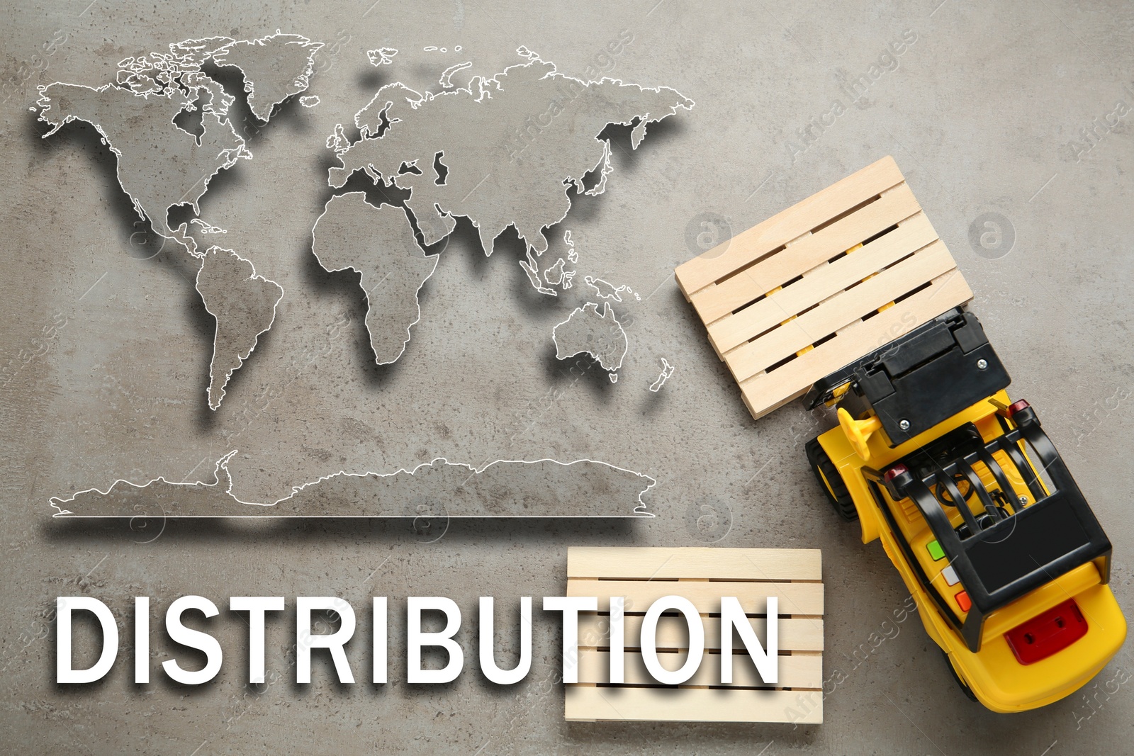 Image of Distribution. Toy forklift and wooden pallets on light grey table, flat lay. Illustration of world map