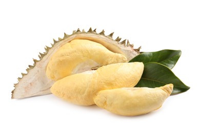 Pieces of fresh ripe durian and leaves on white background