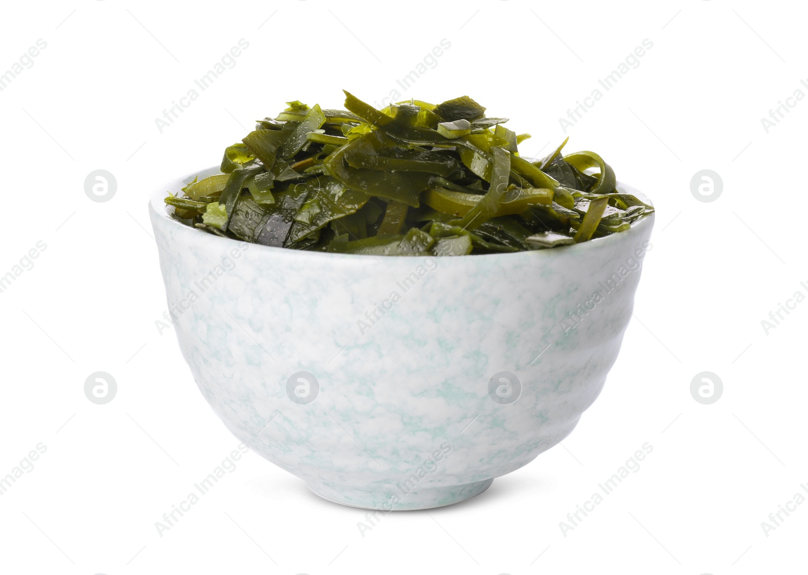 Photo of Fresh laminaria (kelp) seaweed in bowl isolated on white