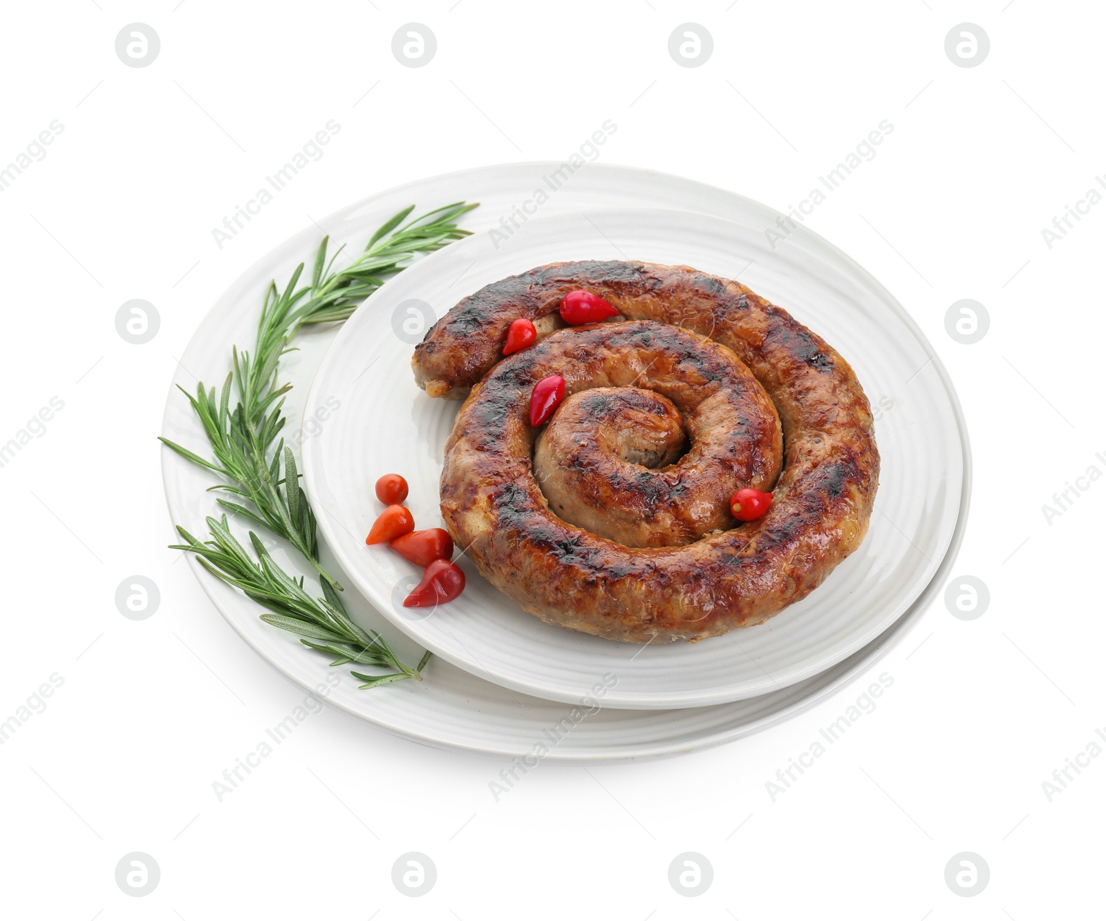 Photo of Tasty homemade sausages with peppers and rosemary isolated on white