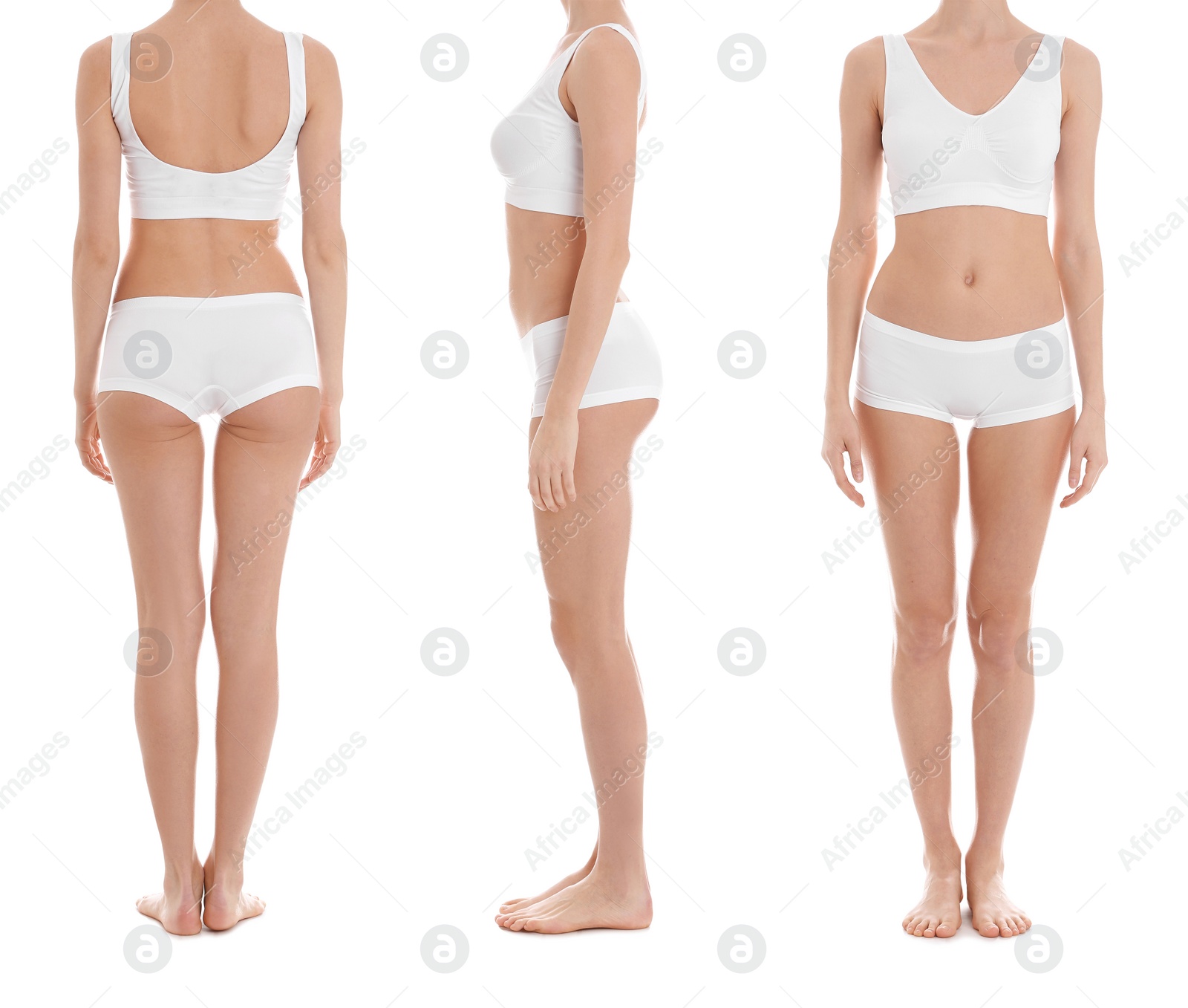 Image of Collage with photos of young woman in underwear on white background, closeup. Beauty and body care