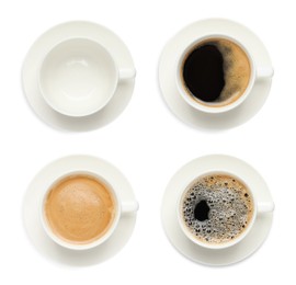 Image of Set with cups of hot aromatic coffee on white background, top view 
