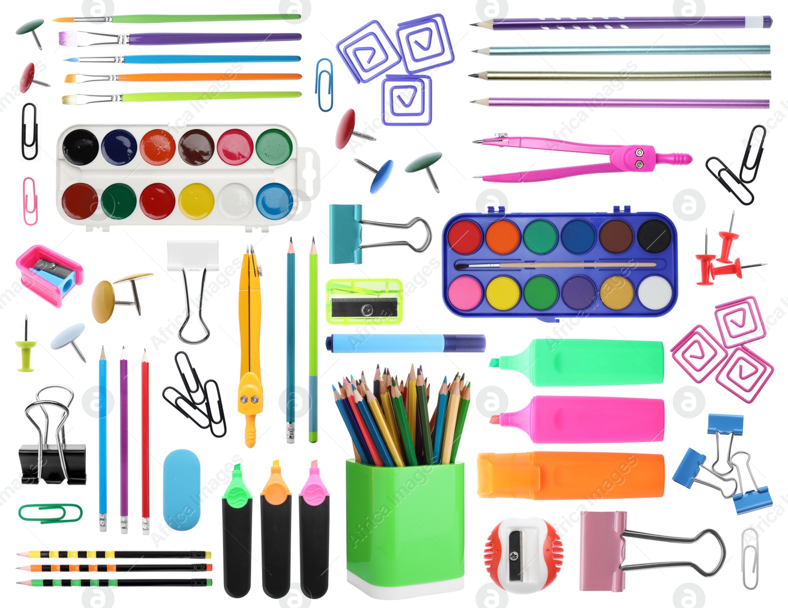 Image of Set of bright school stationery on white background