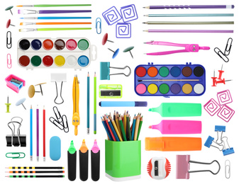 Set of bright school stationery on white background