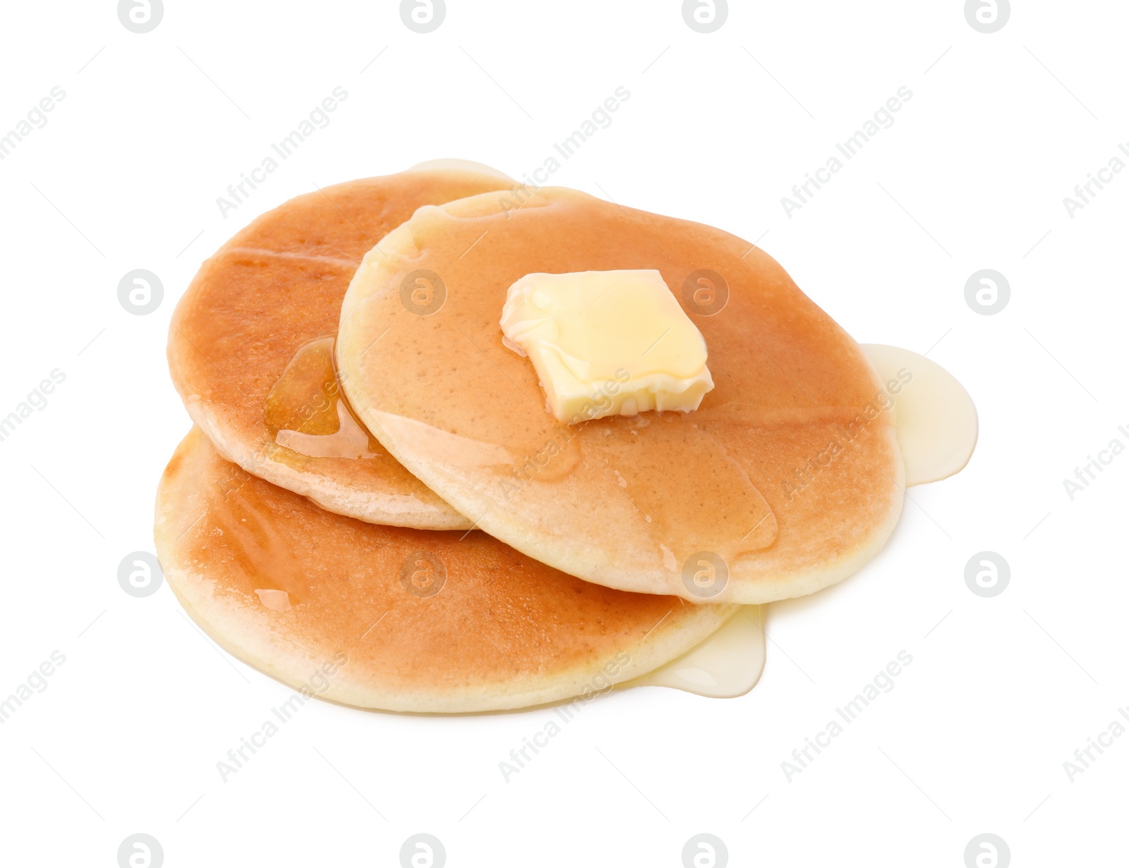 Photo of Delicious pancakes with butter and honey isolated on white