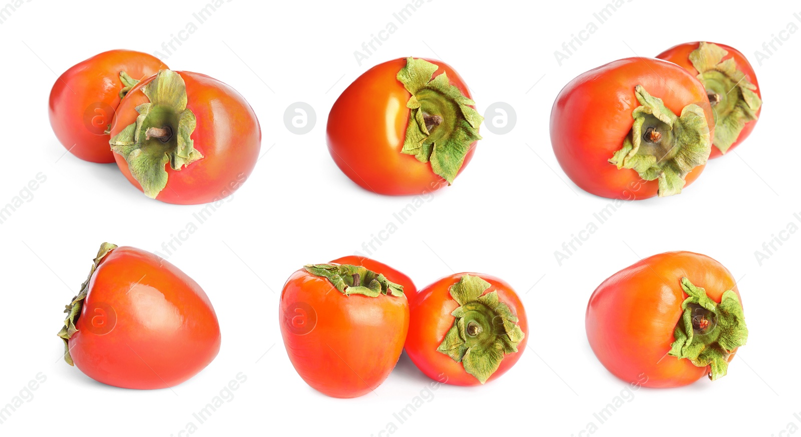 Image of Set of delicious fresh ripe persimmons on white background