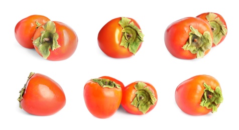 Image of Set of delicious fresh ripe persimmons on white background