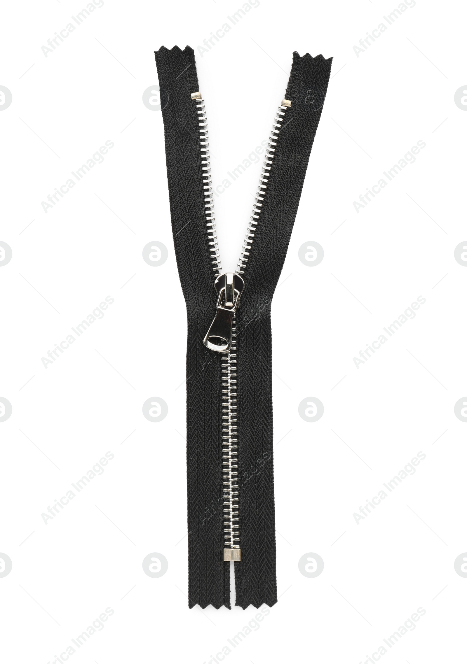 Photo of Black zipper isolated on white, top view