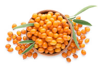 Fresh ripe sea buckthorn berries in wooden bowl isolated on white, top view