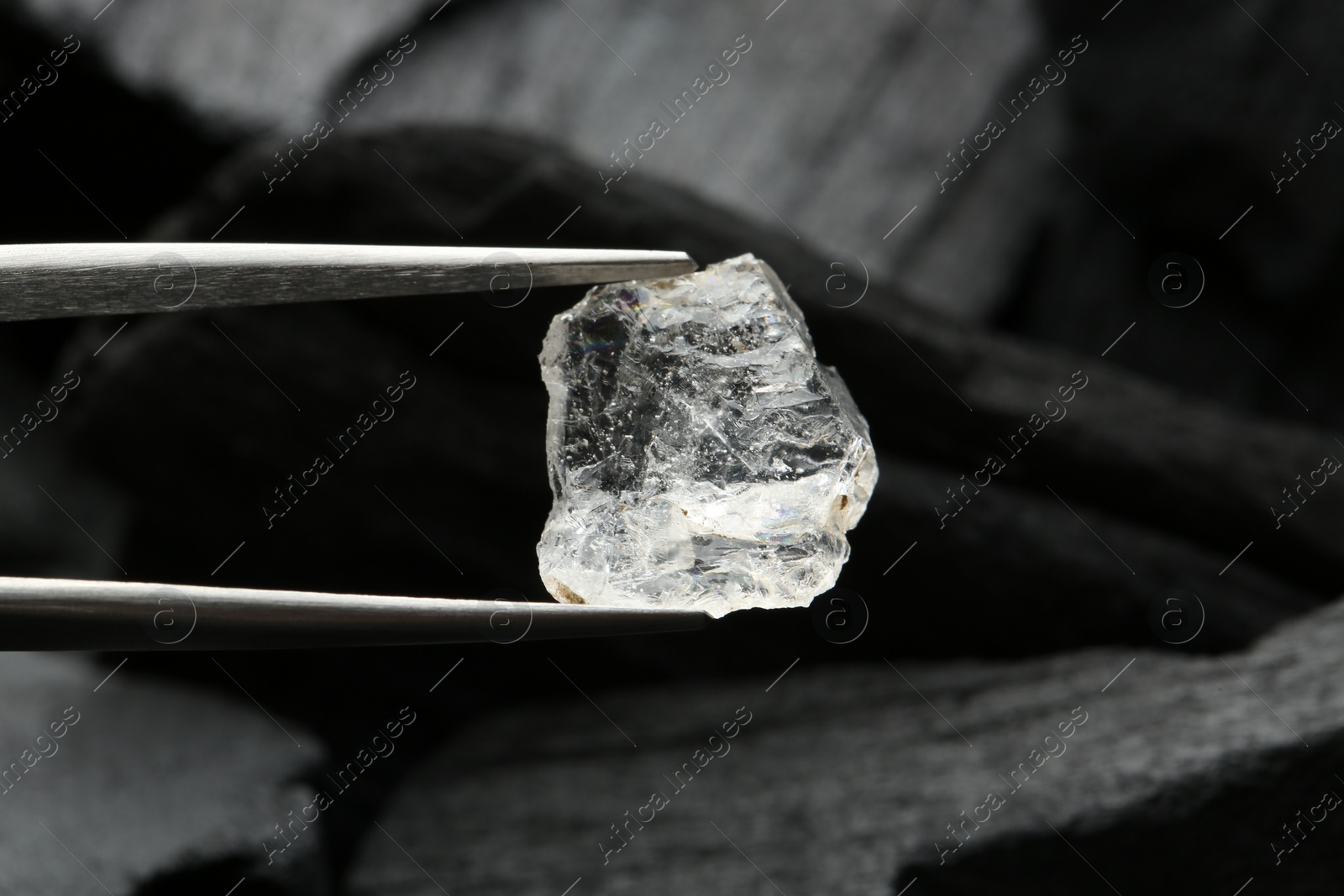 Photo of Tweezers with shiny rough diamond over coal, closeup