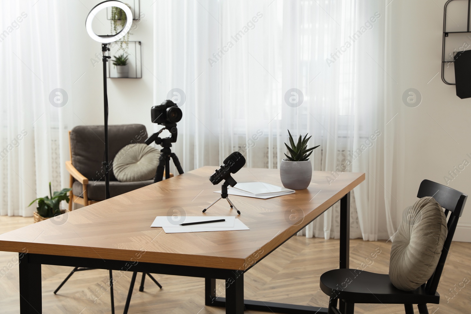 Photo of Camera and lighting equipment on tripods near table in room. Blogger workplace