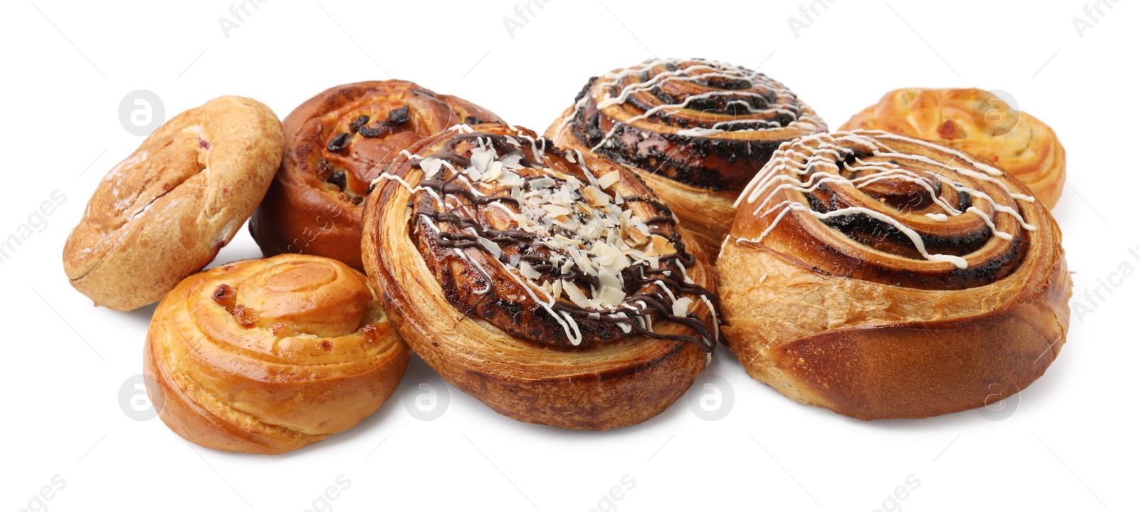 Photo of Different delicious rolls isolated on white. Sweet buns