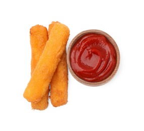 Photo of Tasty fried mozzarella sticks and tomato sauce isolated on white, top view