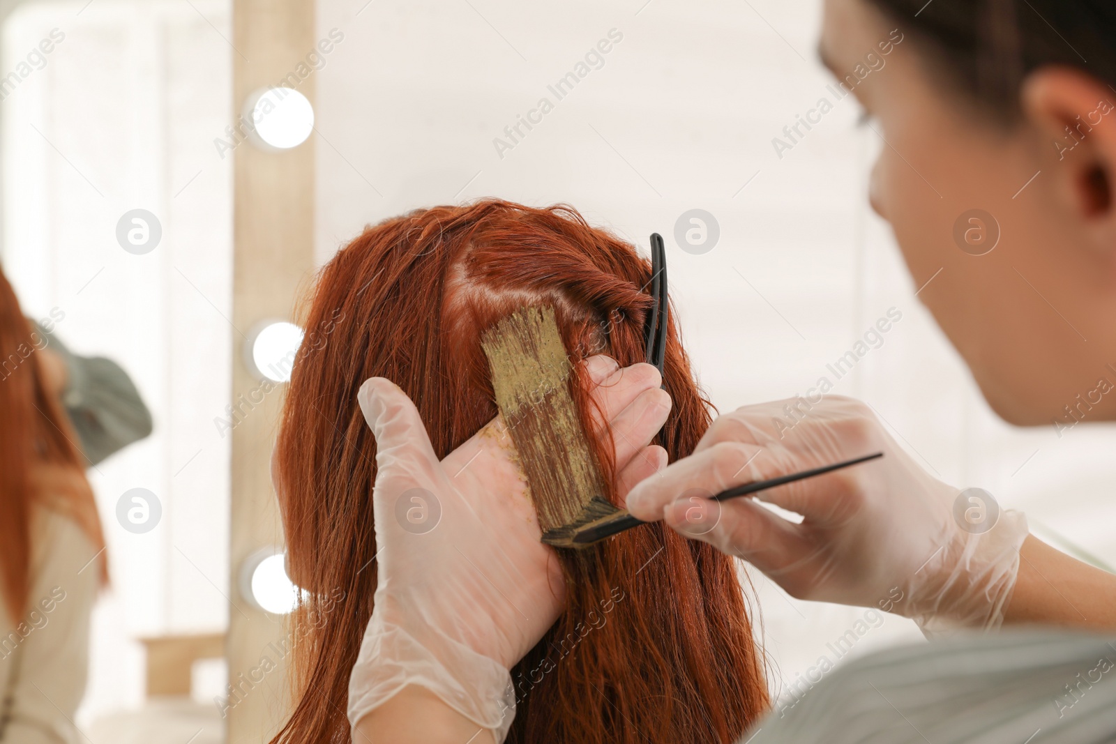 Photo of Professional hairdresser dyeing woman's hair with henna in beauty salon, closeup