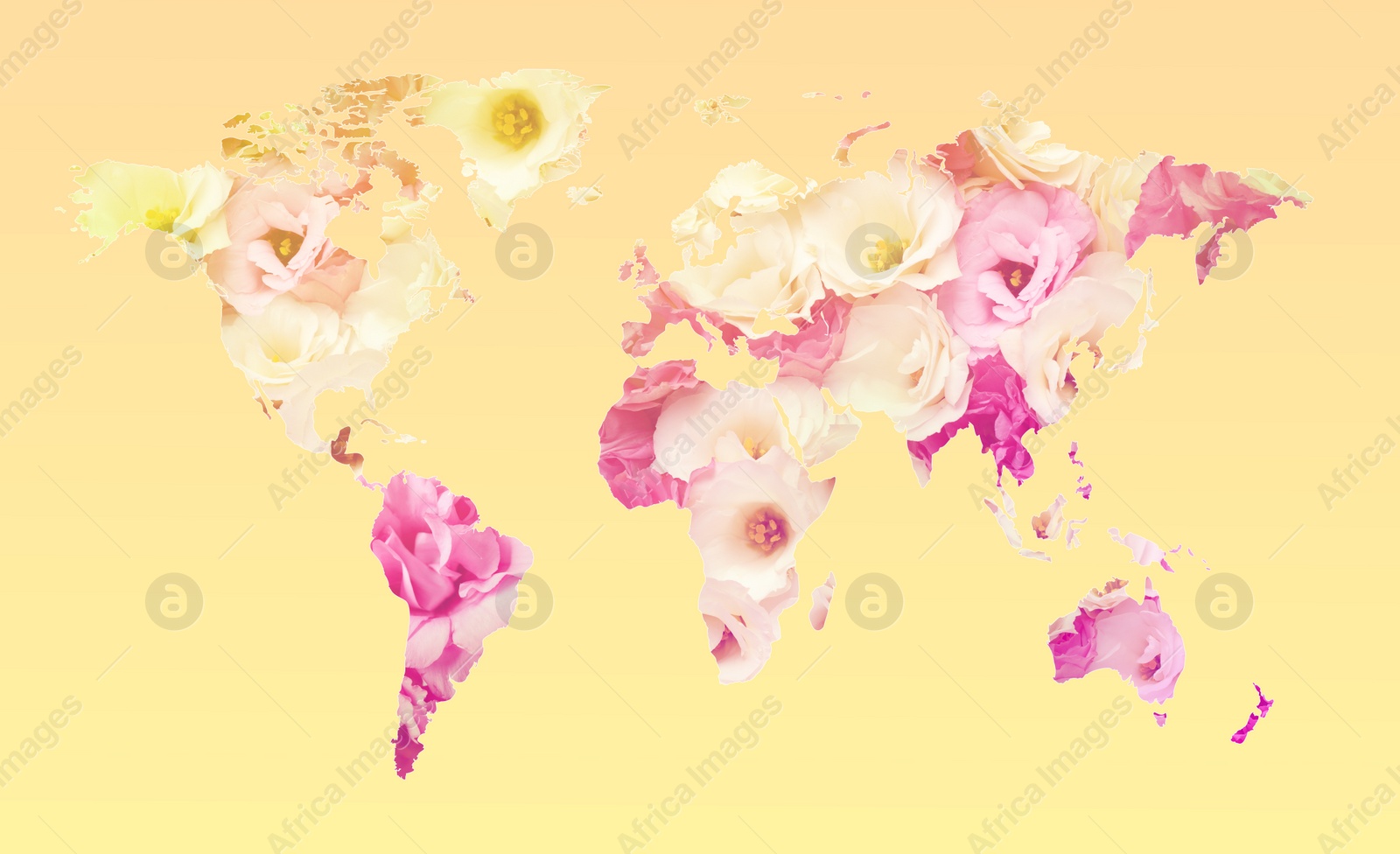 Image of World map made of beautiful flowers on pale yellow background, banner design
