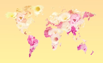 World map made of beautiful flowers on pale yellow background, banner design