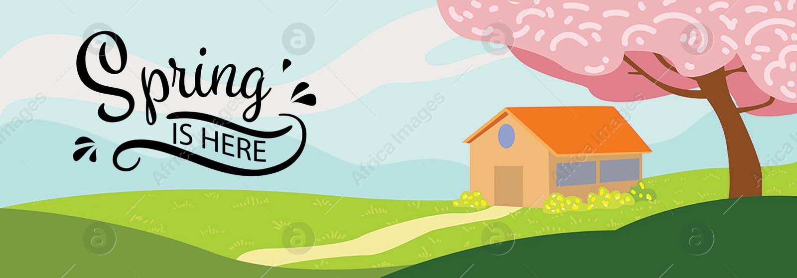 Illustration of Landscape with house and blooming cherry tree and text Spring Is Here