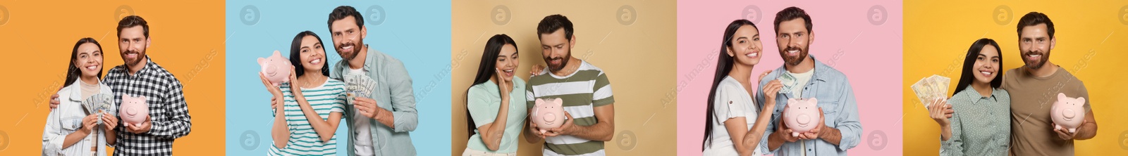 Image of Collage with photos of people holding ceramic piggy banks on different color backgrounds. Banner design