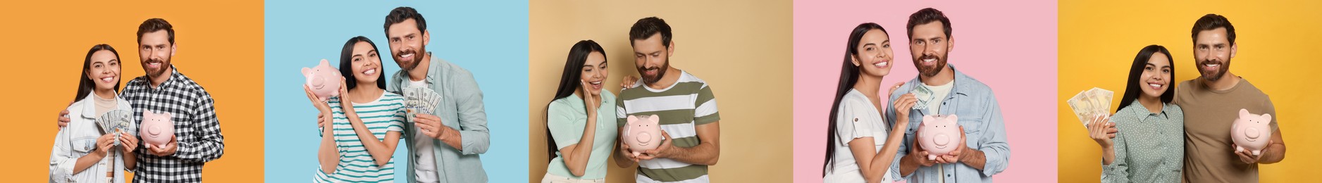 Image of Collage with photos of people holding ceramic piggy banks on different color backgrounds. Banner design