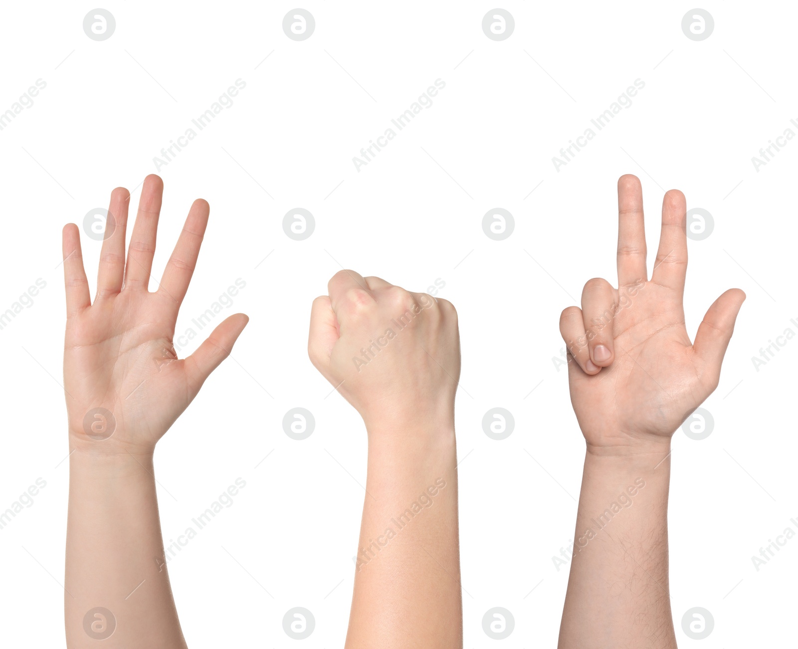 Image of People playing rock, paper and scissors on white background, closeup