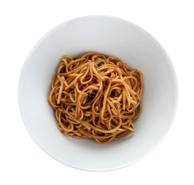 Bowl of tasty cooked noodles isolated on white, top view