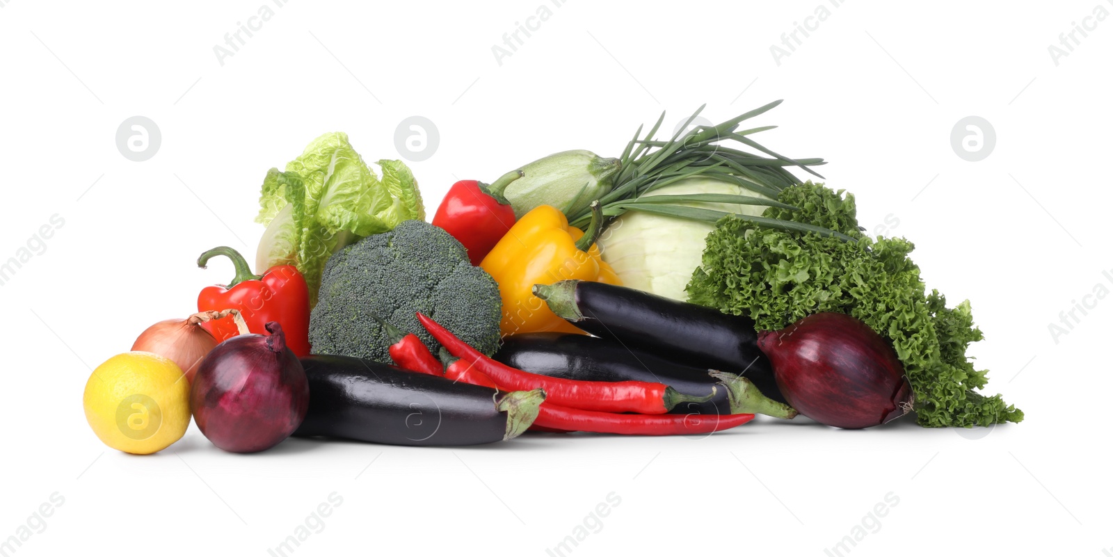 Photo of Heap of fresh ripe vegetables and fruit on white background