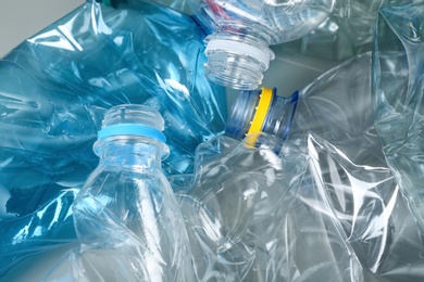 Photo of Many plastic bottles as background, closeup. Recycle concept