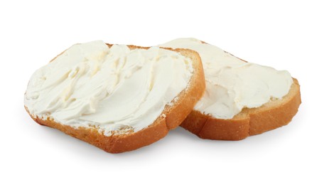 Slices of bread with cream cheese isolated on white