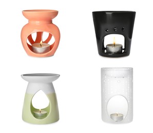 Image of Set with different stylish aroma lamps on white background