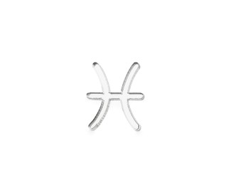 Photo of Zodiac sign. Silver Pisces symbol isolated on white, top view