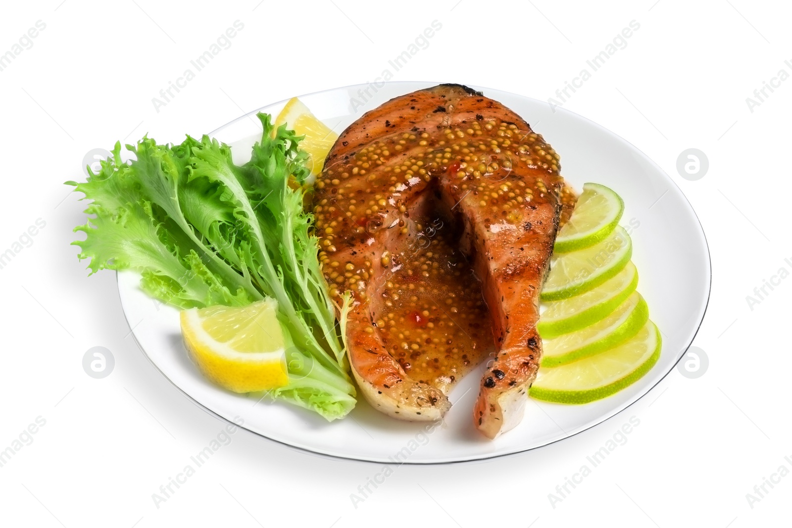 Photo of Tasty salmon steak with sauce, citrus slices and lettuce on white background