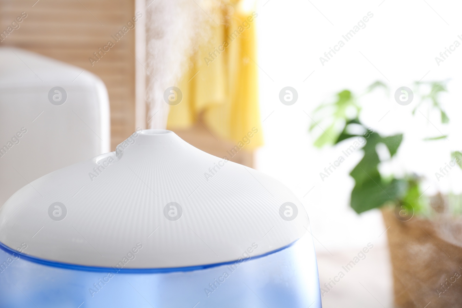 Photo of Modern air humidifier at home, closeup view. Space for text