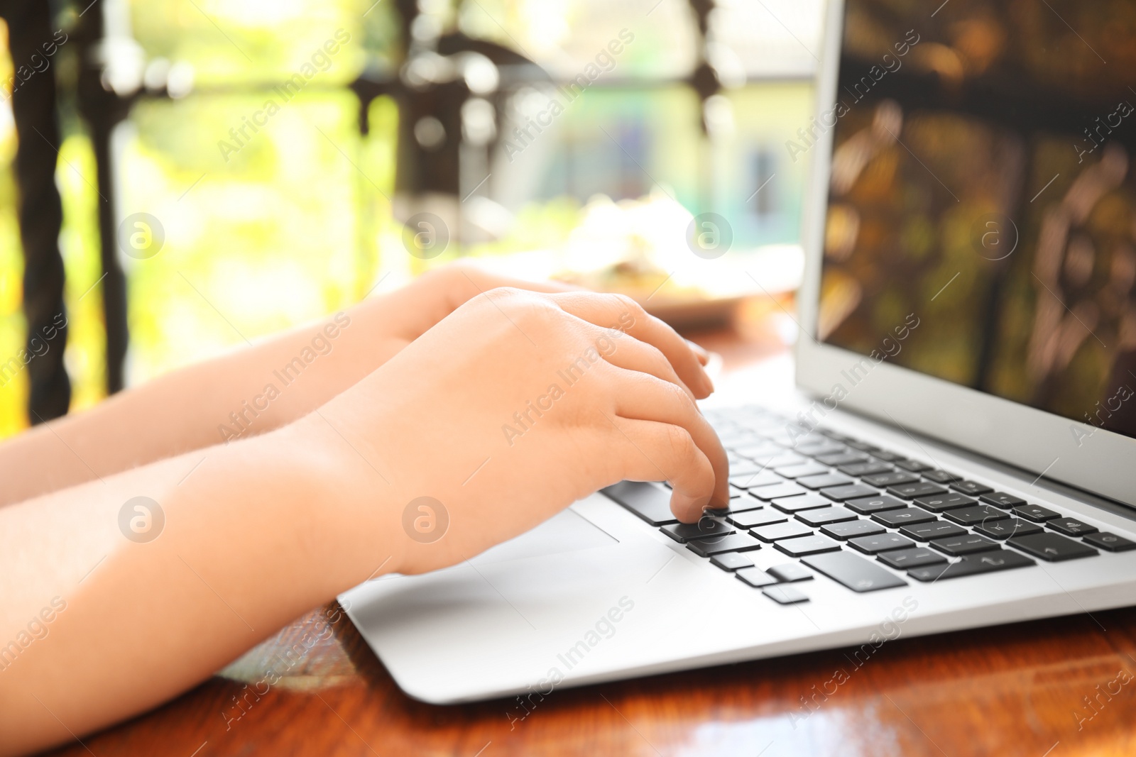 Photo of Woman using laptop in cafe, closeup. Blogger at work