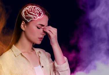 Image of Memory. Woman with illustration of brain trying to remember something on black background