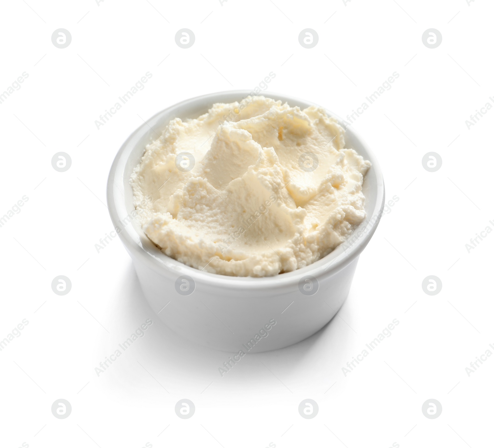 Photo of Bowl of tasty cream cheese on white background