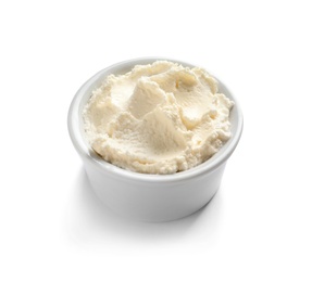 Photo of Bowl of tasty cream cheese on white background