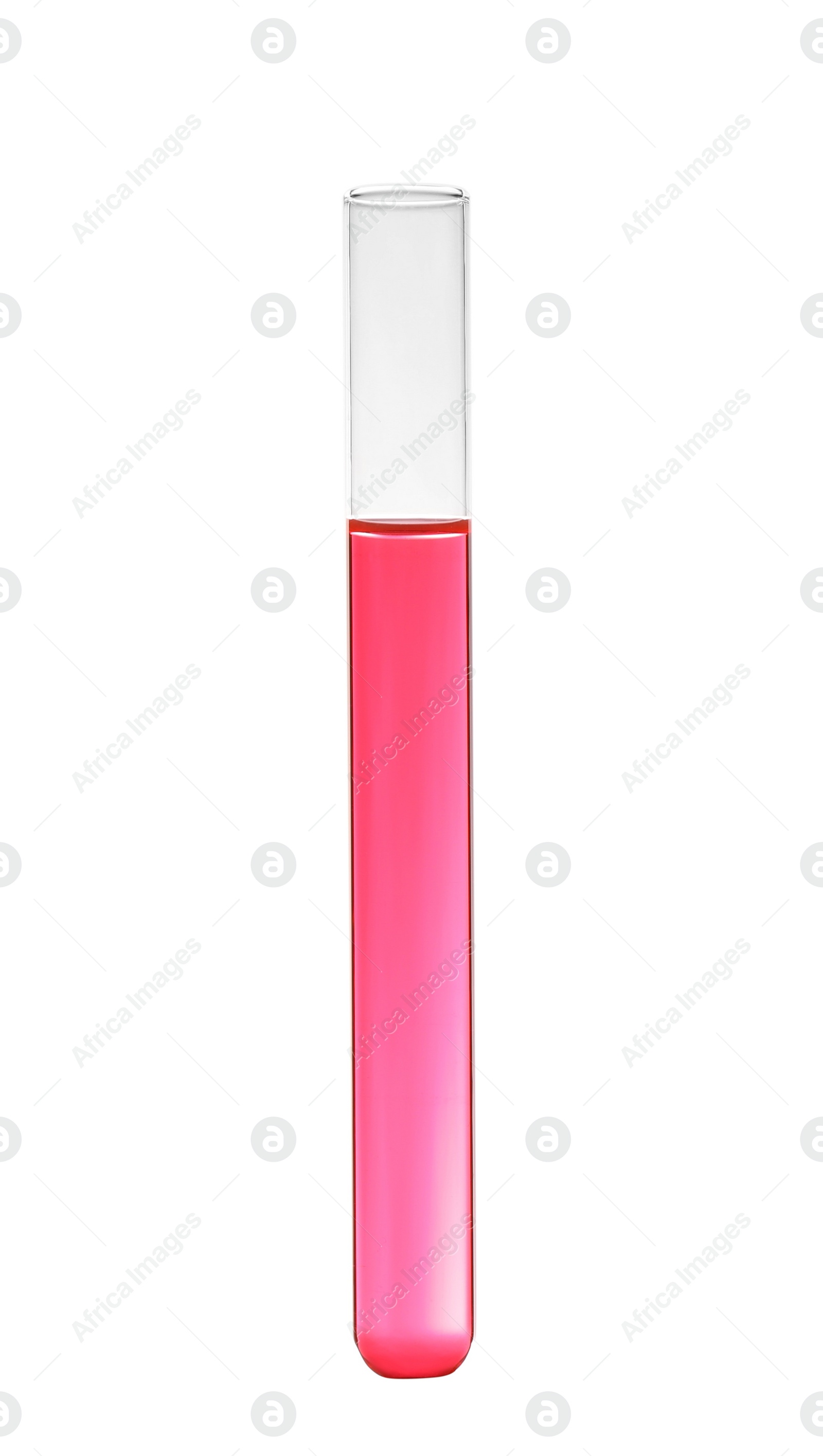 Photo of Test tube with color liquid on white background. Solution chemistry