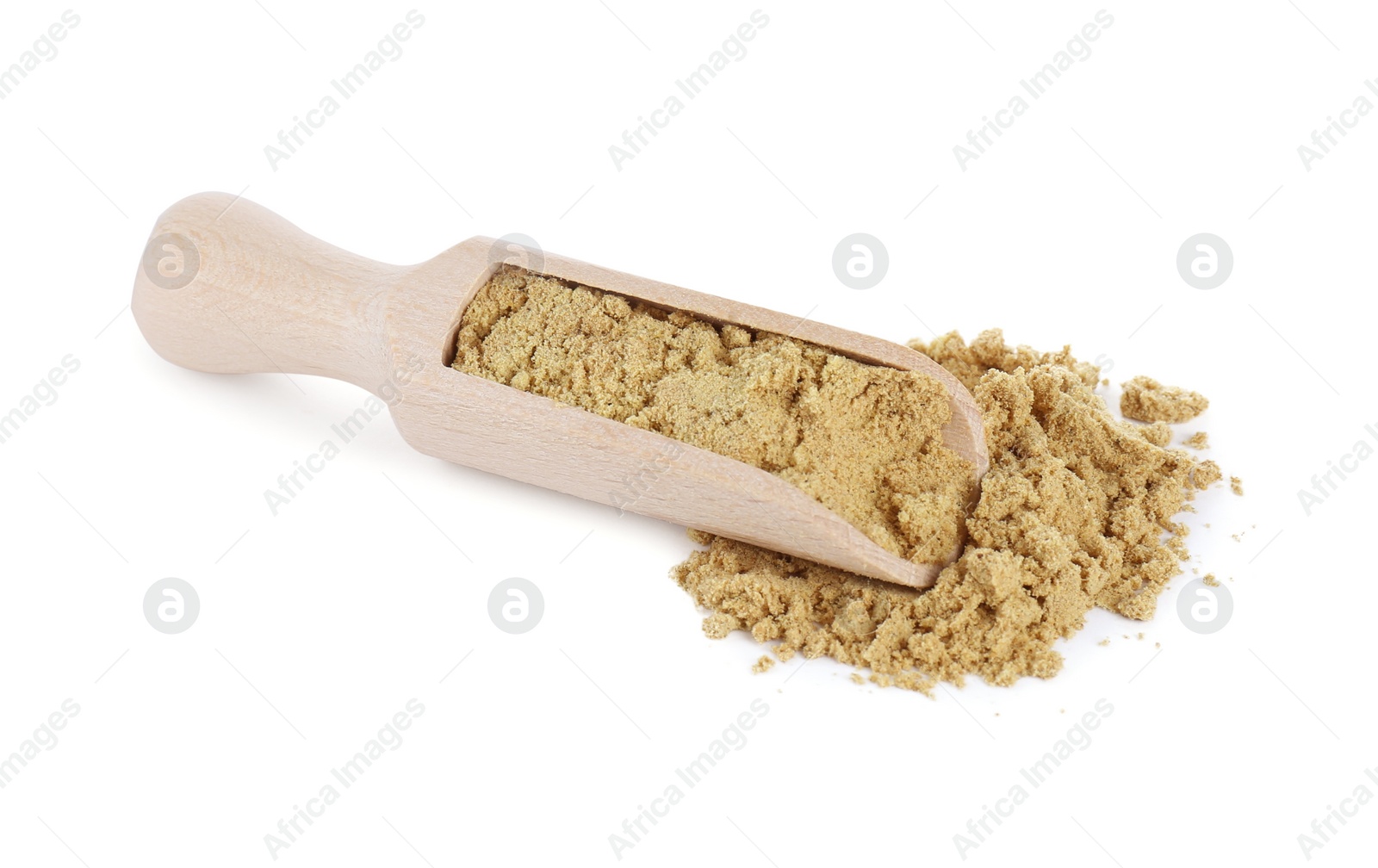 Photo of Wooden scoop with aromatic mustard powder on white background