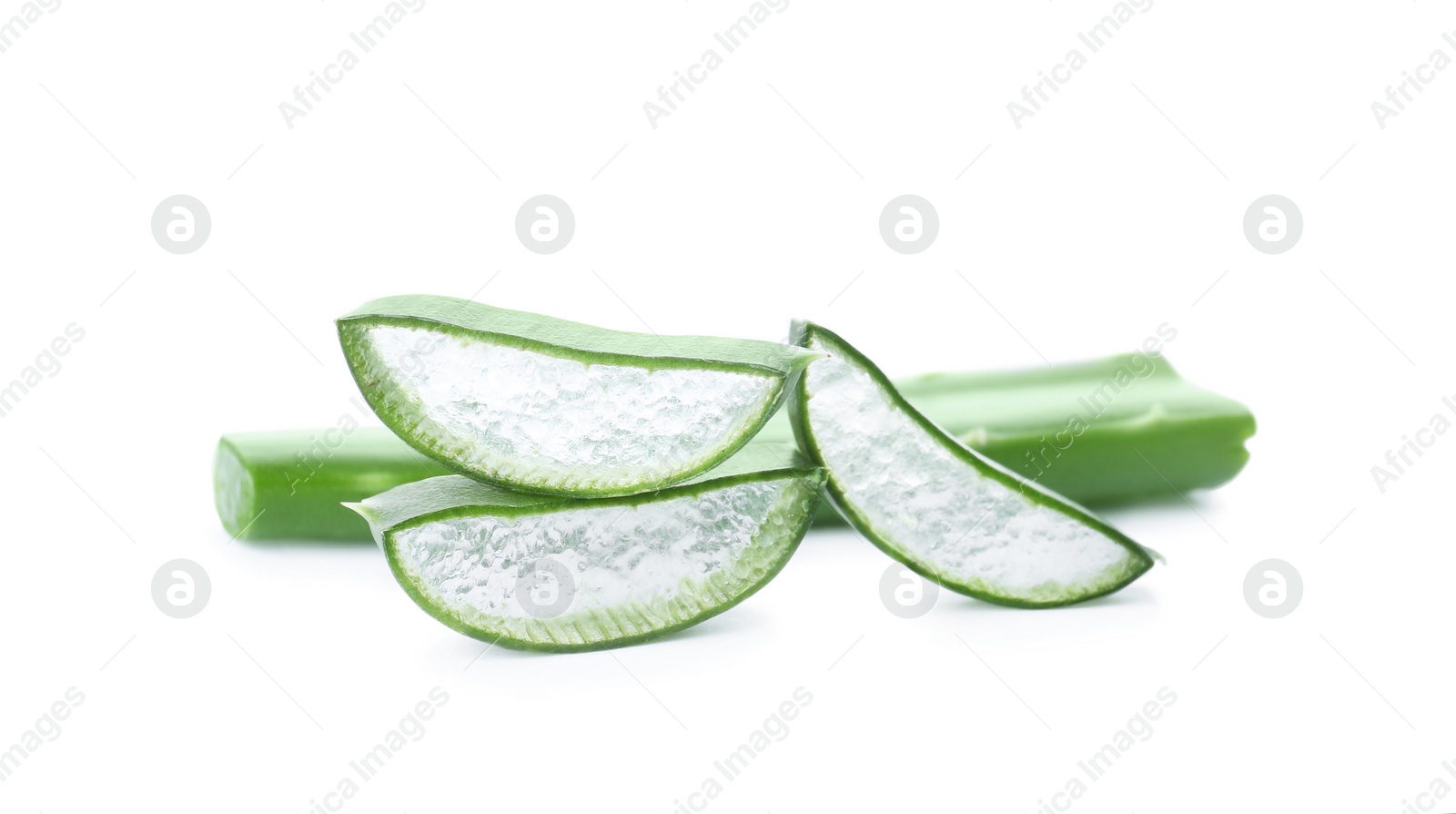 Photo of Aloe vera slices on white background