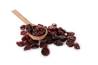Photo of Dried cranberries and wooden spoon on white background