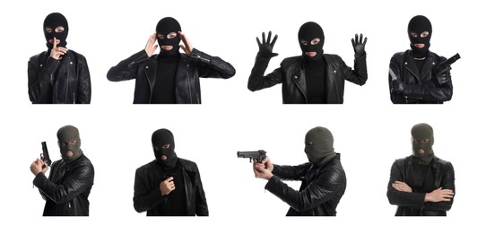Image of Collage with photos of people in balaclavas on white background