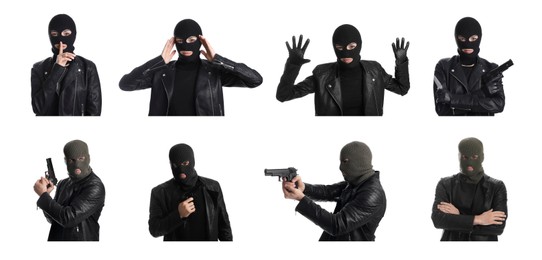 Collage with photos of people in balaclavas on white background