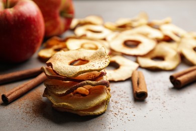 Delicious apple chips and cinnamon on grey table, closeup. Space for text