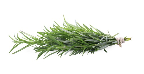 Photo of Fresh rosemary twigs tied with twine isolated on white