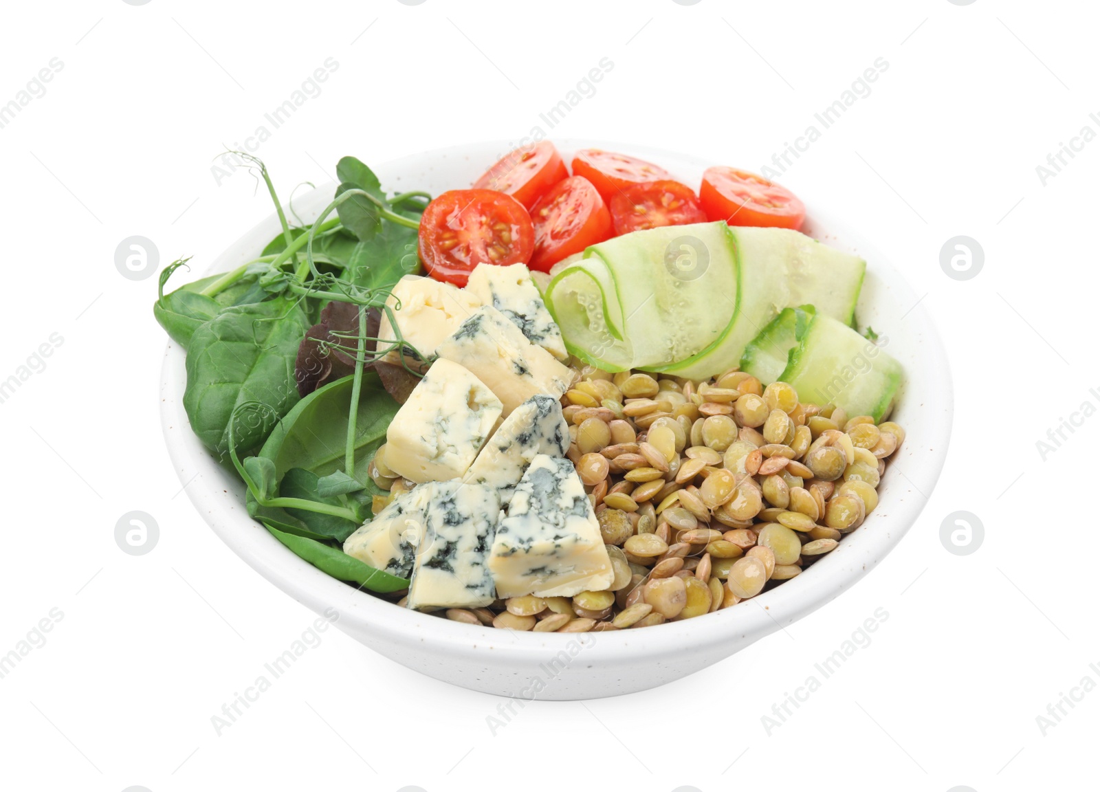 Photo of Delicious lentil bowl with blue cheese, tomatoes and cucumber on white background