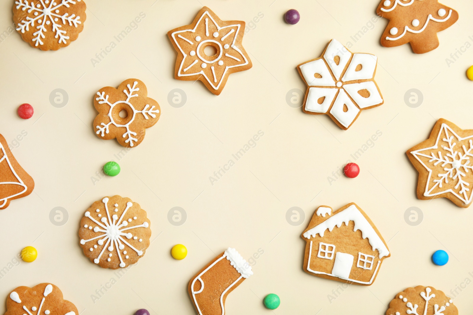 Photo of Tasty homemade Christmas cookies on color background, top view