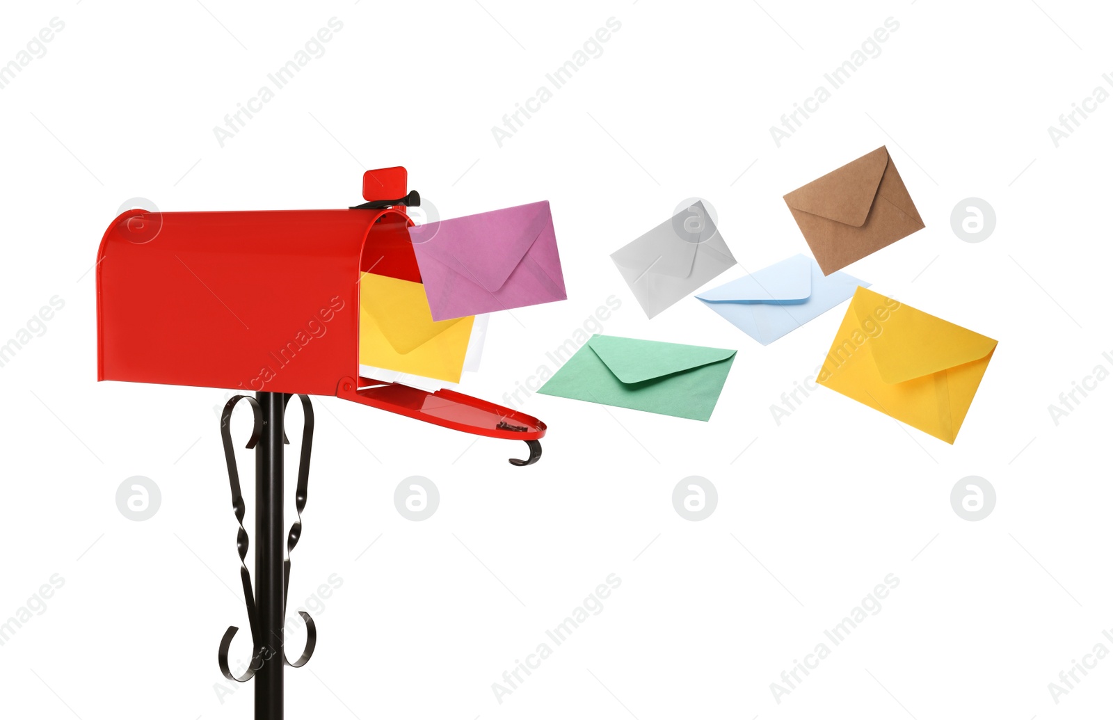 Image of Different color envelopes flying out from red letter box on white background
