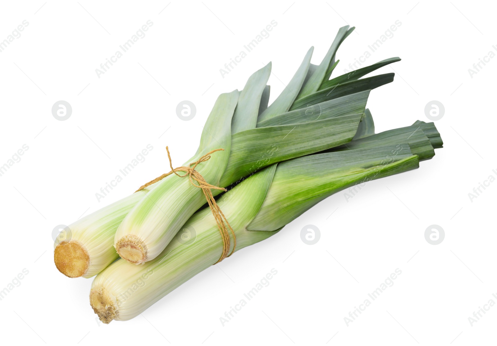 Photo of Fresh raw leeks on white background. Ripe onion